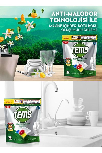 TEMS 4-Effect Dishwasher Capsule Detergent 36-Piece Domestic Product Anti Malodor Technology 100% Made in Turkey