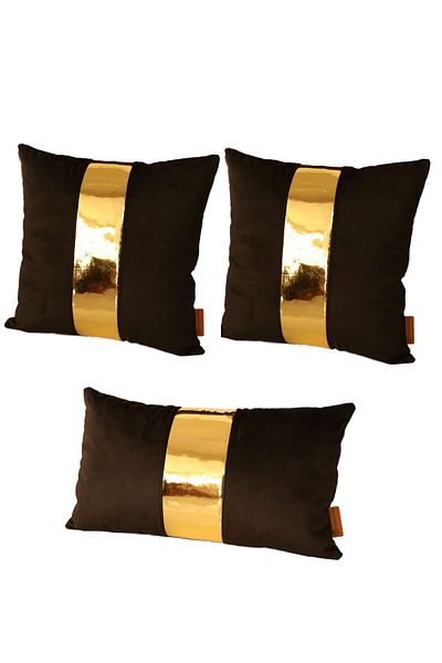 Rayda Home Față de pernă decorativă neagră și aurie din piele strălucitoare, detaliată, 3 bucăți 2 bucăți 40*40 cm 1 bucată 30*50 cm