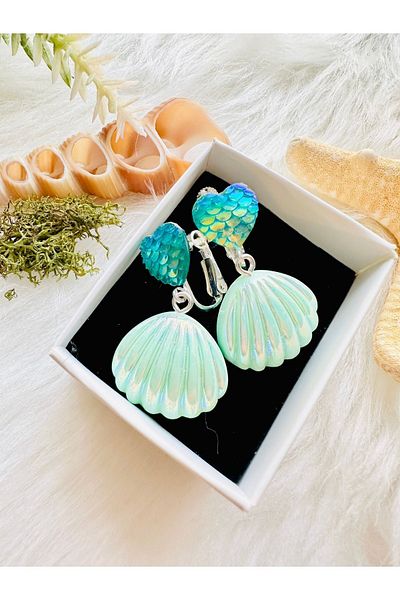 1PARÇAMAVİ Nile Green Children's Clip Earrings - Seashell Screw, Twist, No Hole Required