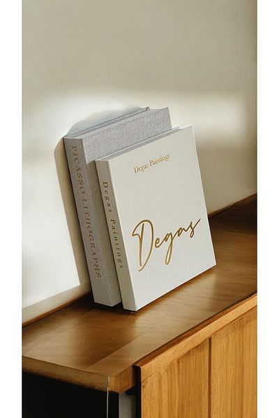 HOME DEKORİSTA Picasso-degas Book Box Set of 2 - Linen Gold and Cream Gold Fabric Covered Decorative Design