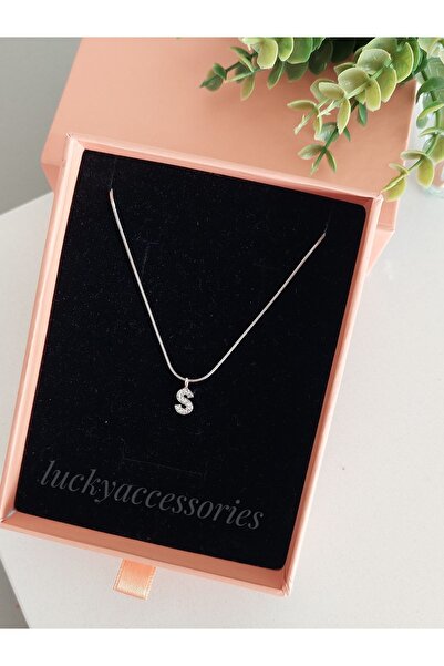 LUCKY ACCESSORIES Çelik Silver Rodyum Kaplama Zirkon Harf S Harfi
