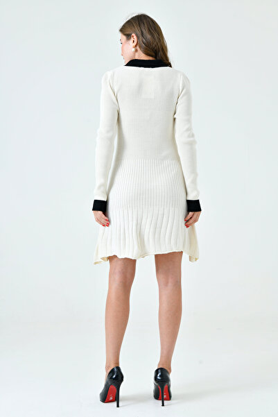 bayansepeti Rochie din tricot crem cu gât polo - mânecă lungă, croială evazată 14169