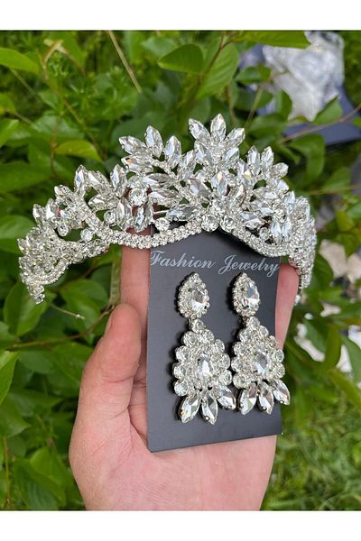 ANZE set de mireasa cu piatra de cristal alb tiara si cercei