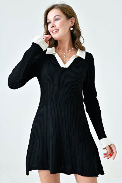 bayansepeti Μαύρο πλεκτό φόρεμα Polo Neck - Μακρυμάνικο, Flared Cut 14169