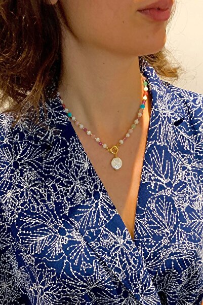 Suerte Accessories El Yapımı Gerçek Barok Inci Uçlu Ametist Yeşim Pembe Kuvars Akik Ay Taşı Doğal Taşlı Minimal Kolye