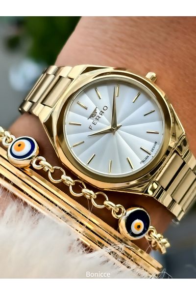 FERRO Brand Steel Cord Yellow Color Women's Wrist Watch + Evil Eye Beaded Bracelet