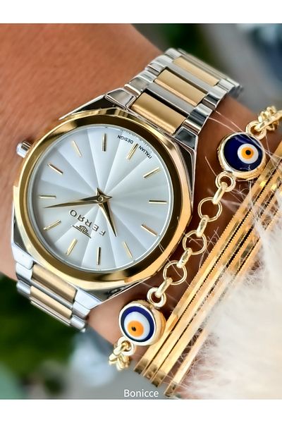 FERRO Brand Steel Cord Yellow Color Women's Wrist Watch + Evil Eye Beaded Bracelet