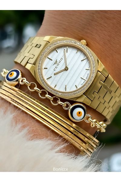 FERRO Brand Steel Cord Yellow Color Thin Case Jewelled Women's Wrist Watch + Evil Eye Beaded Bracelet