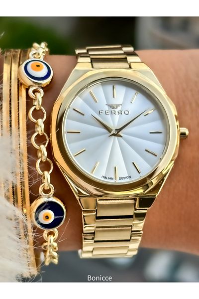 FERRO Brand Steel Cord Yellow Color Women's Wrist Watch + Evil Eye Beaded Bracelet