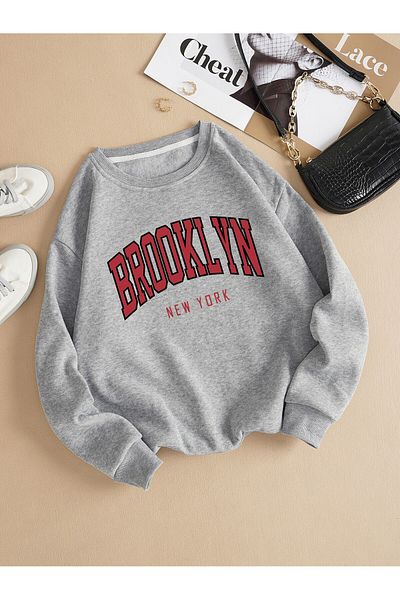 MODARİCH Φούτερ Brooklyn New York Oversize - Γκρι εμπριμέ, ανυψωμένη λαιμόκοψη
