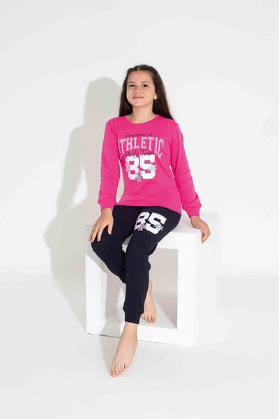 Pijamax Girl - 100% Cotton, Long Sleeve, Crew Neck, Pink Black Athletic 85 Printed Pajamas Set