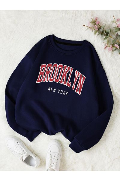 MODARİCH Суитшърт Brooklyn New York Oversize - тъмносин, с повдигнато кръгло деколте