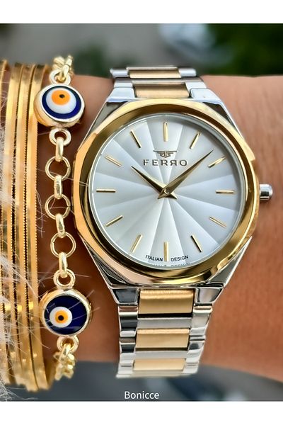 FERRO Brand Steel Cord Yellow Color Women's Wrist Watch + Evil Eye Beaded Bracelet