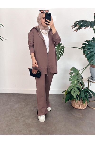 ASEL FASHİON طقم ياقة بحر مع جيوب قهوة داكنة