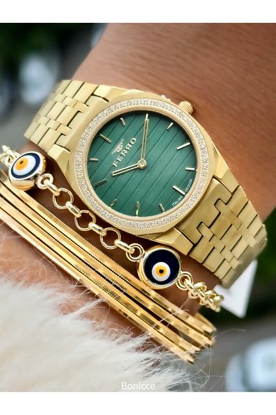 FERRO Brand Steel Cord Yellow Color Thin Case Jewelled Women's Wrist Watch + Evil Eye Beaded Bracelet