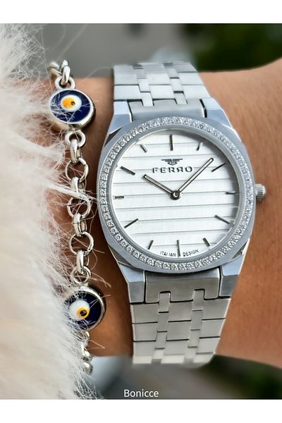 FERRO Brand Steel Cord Gray Color Thin Case Jewelled Women's Wrist Watch + Evil Eye Beaded Bracelet