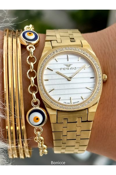 FERRO Brand Steel Cord Yellow Color Thin Case Jewelled Women's Wrist Watch + Evil Eye Beaded Bracelet