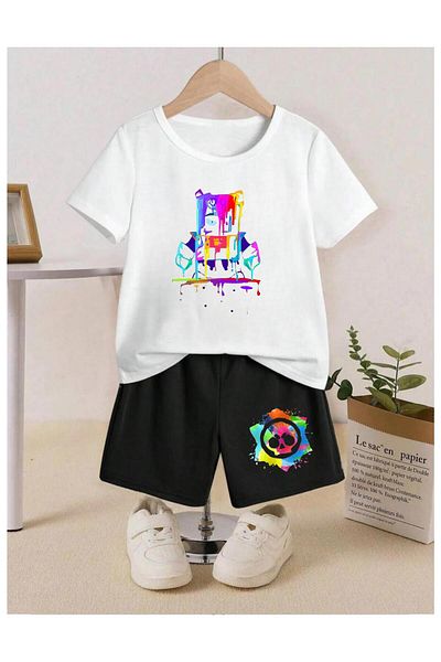 Massgai Brawl Stars Colorful Printed Children's T-Shirt and Shorts Set - 100% Cotton