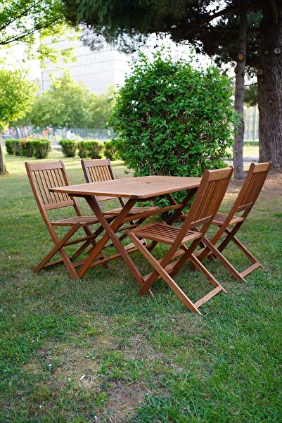 LkAhşap Akasya Katlanır Ahşap Bahçe Balkon Masası 4 Sandalye 1  Masa 80x140 H75