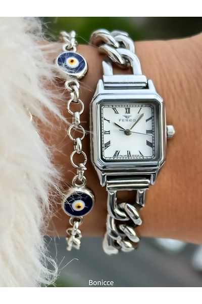 FERRO Brand Steel Chain Cord Silver Color Small Mini Case Women's Wrist Watch + Evil Eye Beaded Bracelet