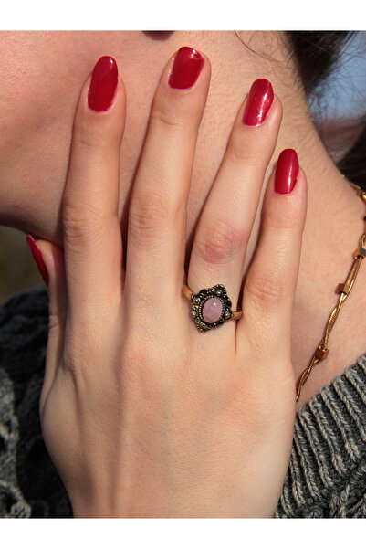 esha Doğal Taş Pembe Kuvars Doğal Taşlı Antik Ayarlanabilir Kadın Yüzük