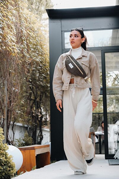 WOLF & ROCK Wolf&Rock Gold Detaylı Haki Kapitone Kumaş Bel ve Omuz Çantası