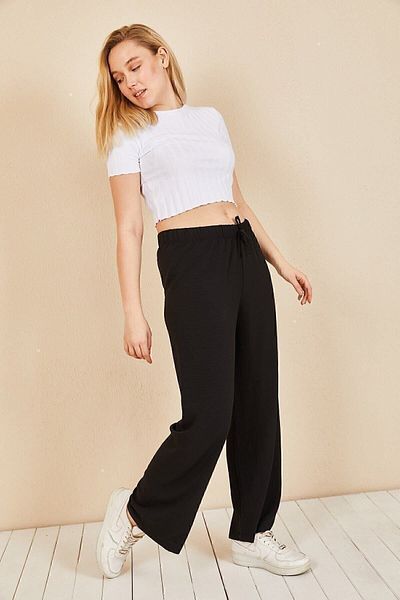 Moda Bu Pantaloni de vară largi, negri, cu talie elastică, picior largi, Aerobin-865829