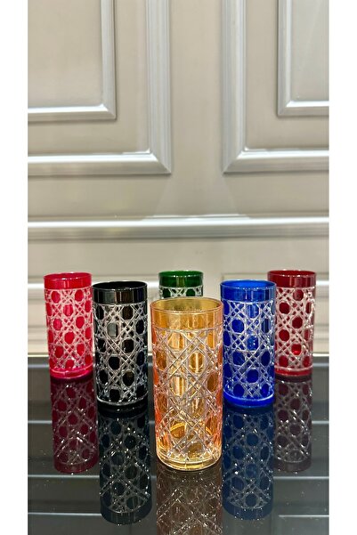 TURKUAZ ZÜCCACİYE TURKUAZ Kristal 6 Adet Kesme El İşi Renkli Meşrubat Su Bardağı