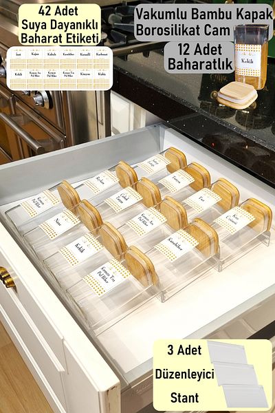 color house 12 Pieces of Bamboo Lid 300ml Borosilicate Glass Spice Jar and 3 Organizer Plexi Stand