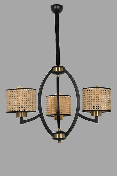 Lumexx Paul 3-Piece Black Rattan Chandelier Set with Lampshade