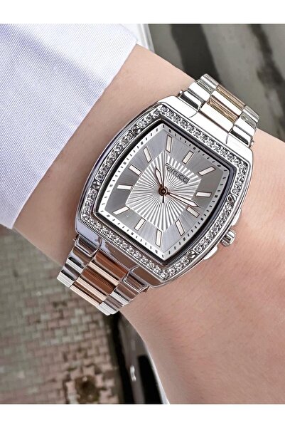 Ferrucci ساعة يد أنيقة من المعدن الوردي - علبة مربعة، تفاصيل حجرية وحبل