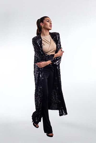 Genel Markalar Vatkalı Geniş Kollu Siyah Payetli Ceket