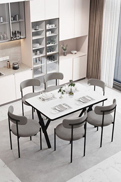 Dekoport Luna 6 Kişilik 80*140 Masa Takımı Teddy Kumaş Sandalye Mutfak Masa T...