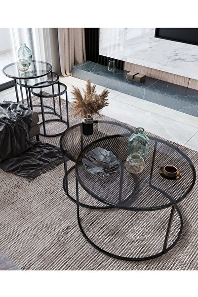 Dekoport Milas Orta Ve Zigon Sehpa Seti Siyah - Temperli Kırılmaz Füme Cam