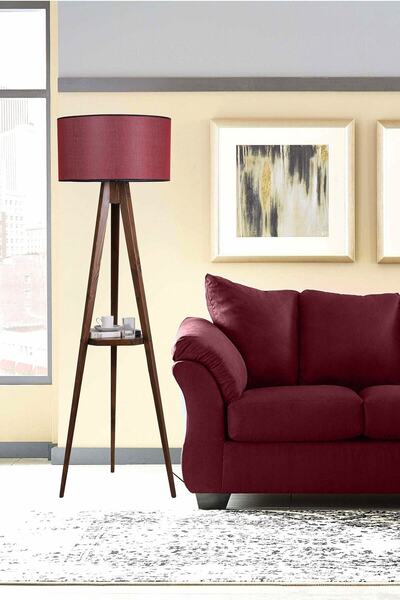 Lumexx Sehbalı Tripod Ceviz Lambader Silindir Hasır Bordo Abajurlu