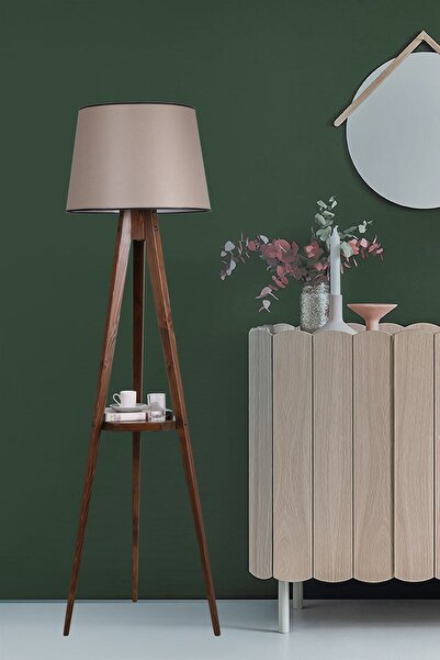 Lumexx Sehbalı Tripod Ceviz Lambader Silindir Koyu Gri Abajurlu