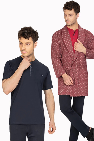 ANCELO 5 Li Penye Röpteşambır Pijama Takımı Erkek Çeyiz Bohça Seti