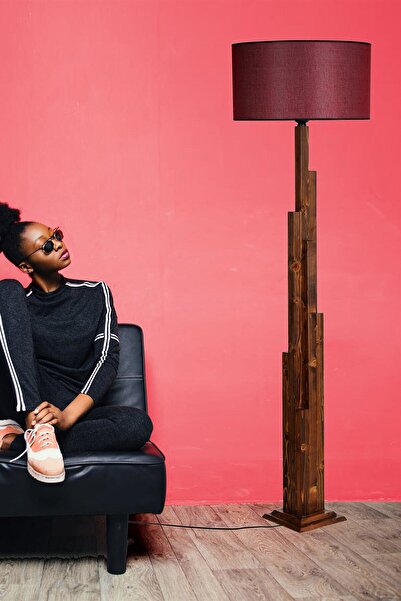 Lumexx Kule Ceviz Ahşap Lambader Silindir Hasır Bordo Abajurlu