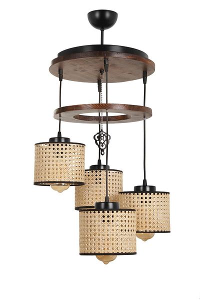Lumexx David 4-Piece Tray - Pendant Set with Walnut Rattan Lampshade