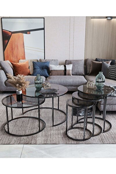 Dekoport Milas Orta Ve Zigon Sehpa Seti Siyah - Temperli Kırılmaz Füme Cam