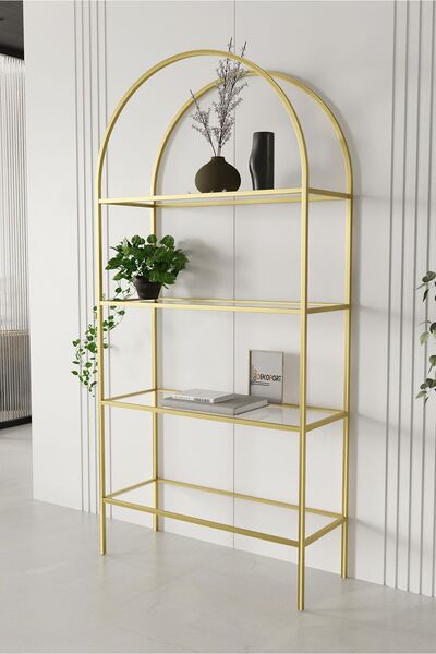 Dekoport 4 Raflı Camlı Kitaplık Gold(ESKİTME) Ayak Temperli Şeffaf Cam