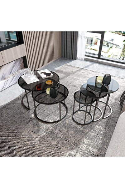 Dekoport Milas Orta Ve Zigon Sehpa Seti Siyah - Temperli Kırılmaz Füme Cam