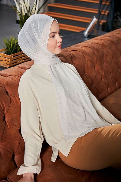 Scarf Σάλι με ρίγες Arya Chiffon Pompom σε χρώμα πέτρας