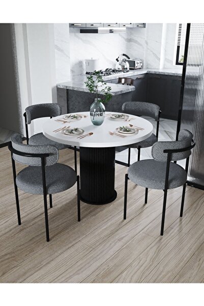 Dekoport Eylül Masa Sandalye Takımı Yuvarlak Masa 4 Sandalye Bukle - Teddy Ku...