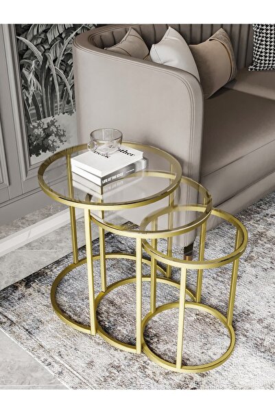 Dekoport Milas Mat Gold (ESKİTME) Zigon Sehpa - Temperli Şeffaf Cam