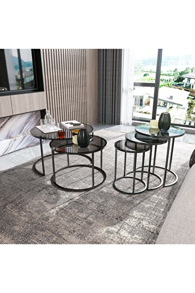 Dekoport Milas Orta Ve Zigon Sehpa Seti Siyah - Temperli Kırılmaz Füme Cam
