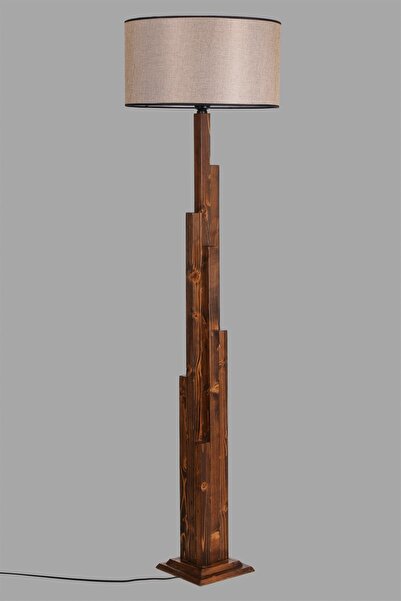 Lumexx Kule Ceviz Ahşap Lambader Silindir Koyu Hasır Abajurlu