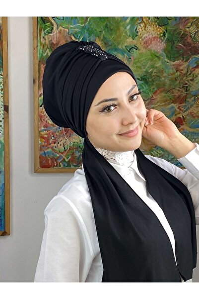 BUTİKAMBAR Hürrem Taşlı Tek Biritli Atkılı Siyah Bone