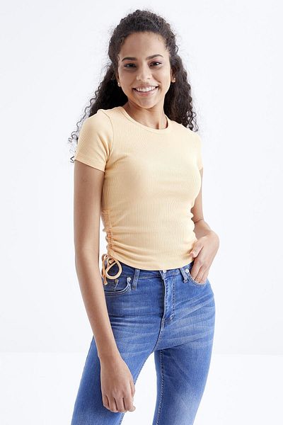 TOMMY LIFE Γυναικείο Crop Top O Neck Melon Gathered - 97203
