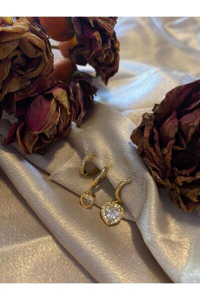 Mahperin Kalpli Zirkon Taşlı Özel Dizim Vıp Kombin Üçlü Çelik Küpe